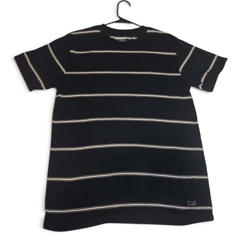 Billabong Striped T-Shirt Size Large Black Tailored Fit